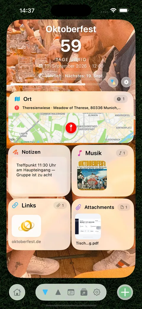 Die Rückseite der Karte, mit Karte, Liste, Links, Musik und Notizen