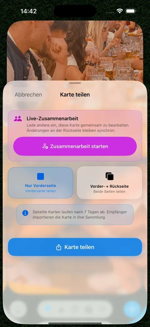 Das Menü „Karte teilen“ mit Live-Zusammenarbeit