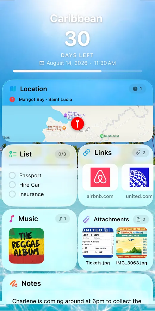 The back of the card, with a map, list, links, music and notes
