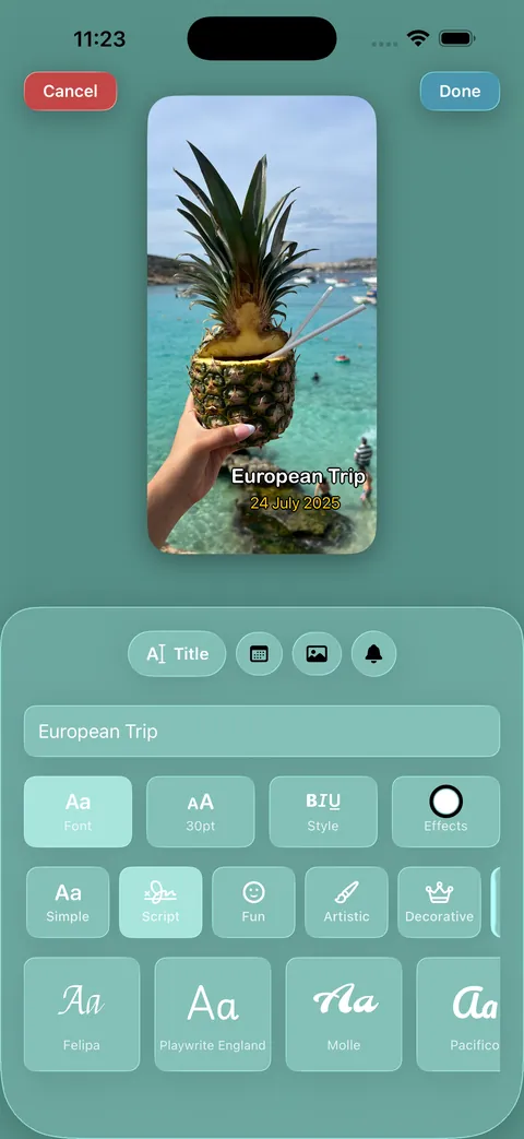 The card editor, with fonts, photos and backgrounds