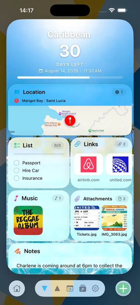 The back of the card, with a map, list, links, music and notes