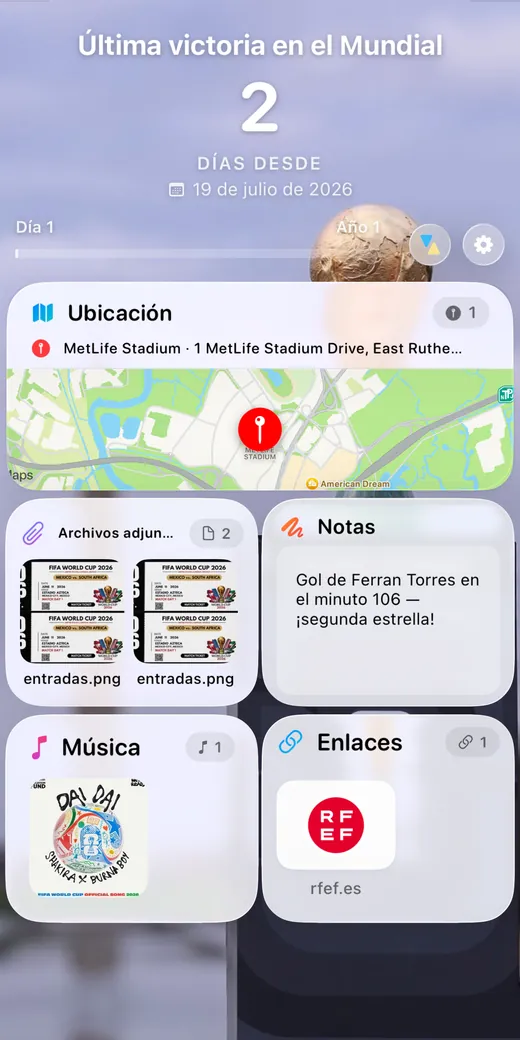 El reverso de la tarjeta, con mapa, lista, enlaces, música y notas