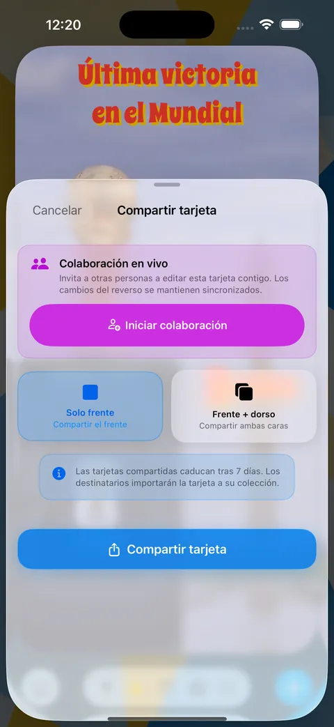 La hoja Compartir tarjeta con colaboración en vivo