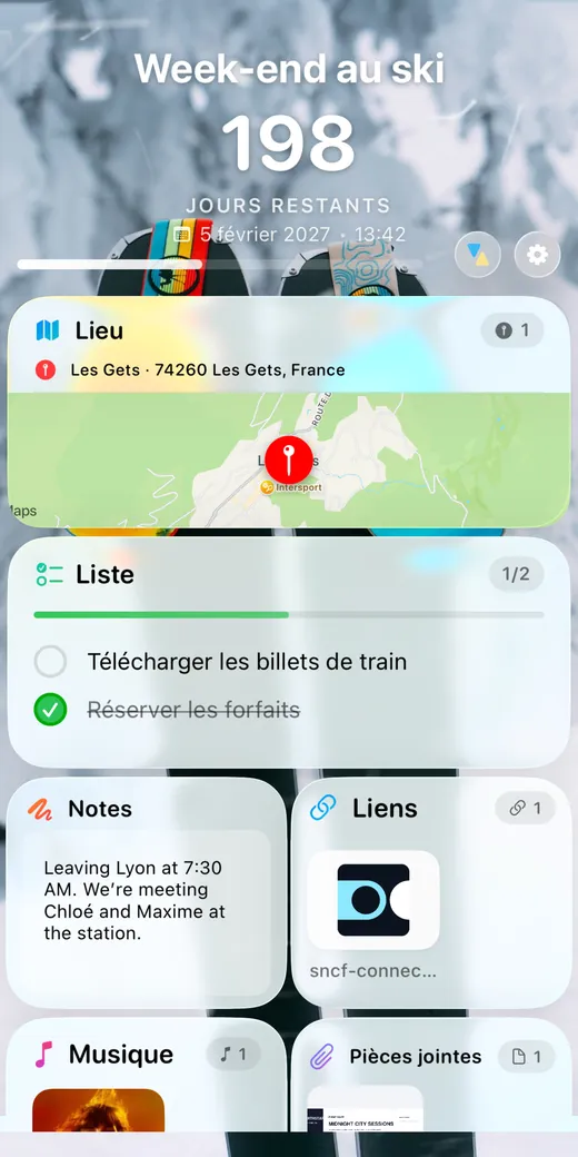 Le verso de la carte, avec un plan, une liste, des liens, de la musique et des notes