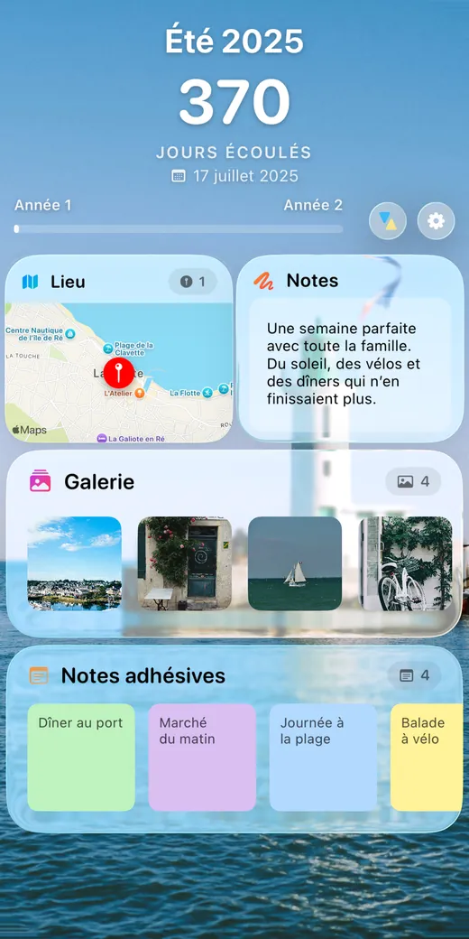 Le verso de la carte souvenir, avec des photos, des notes et un plan