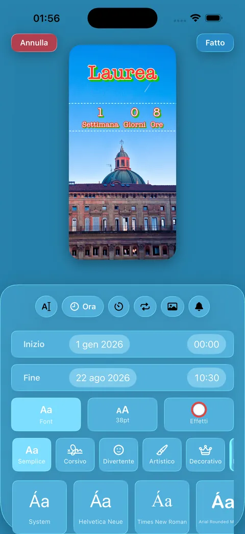L'editor delle schede, con font, foto e sfondi