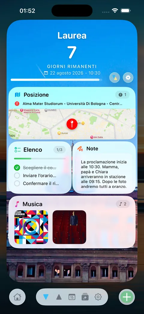 Il retro della scheda, con mappa, elenco, link, musica e note
