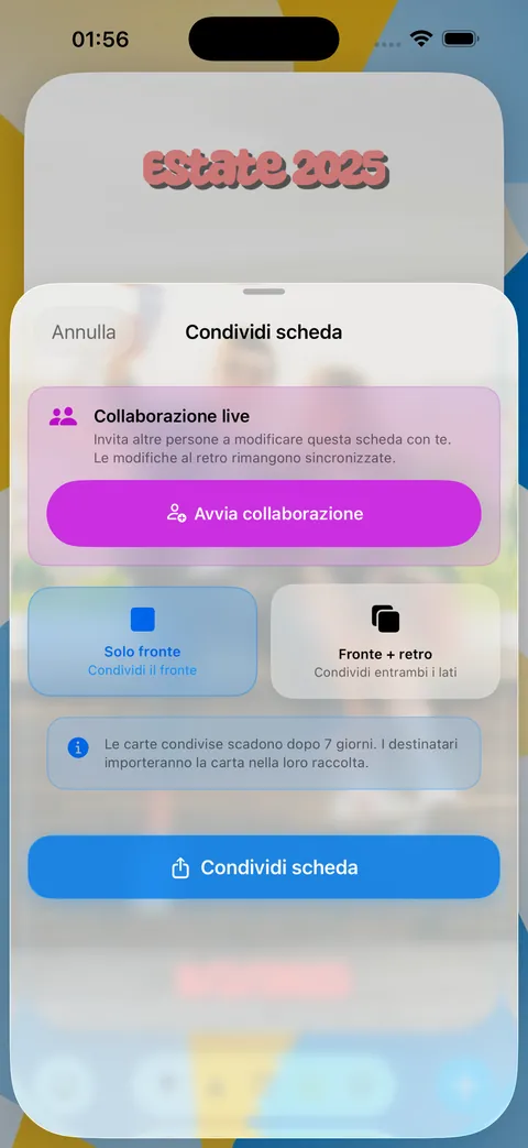 Il pannello Condividi scheda con la collaborazione live