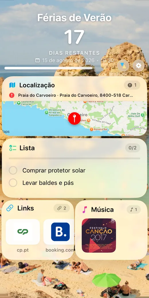 O verso do cartão, com mapa, lista, links, música e notas