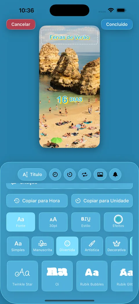 O editor de cartões, com fontes, fotos e fundos