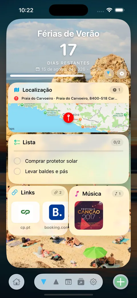 O verso do cartão, com mapa, lista, links, música e notas