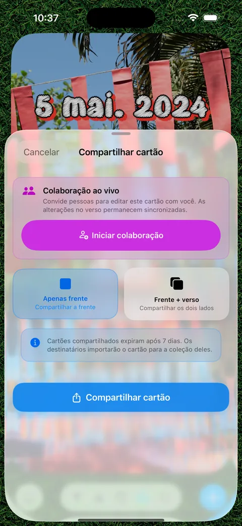 O painel Partilhar cartão com colaboração em tempo real