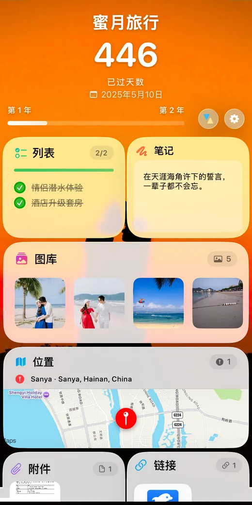 回忆卡片的背面，包含照片、笔记和地图